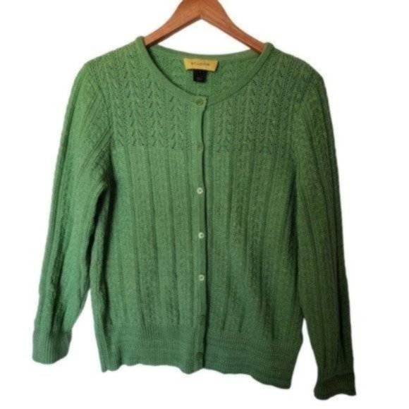 St. John Green Cable Knit Cardigan Sweater size M Medium Wool Blend - Picture 2 of 12